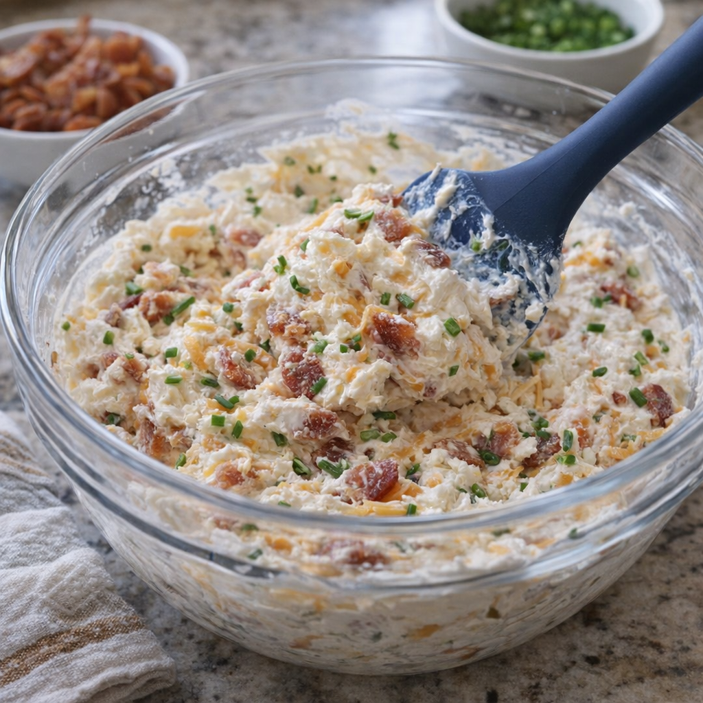 Cheese ball mixture being stirred in a mixing bowl