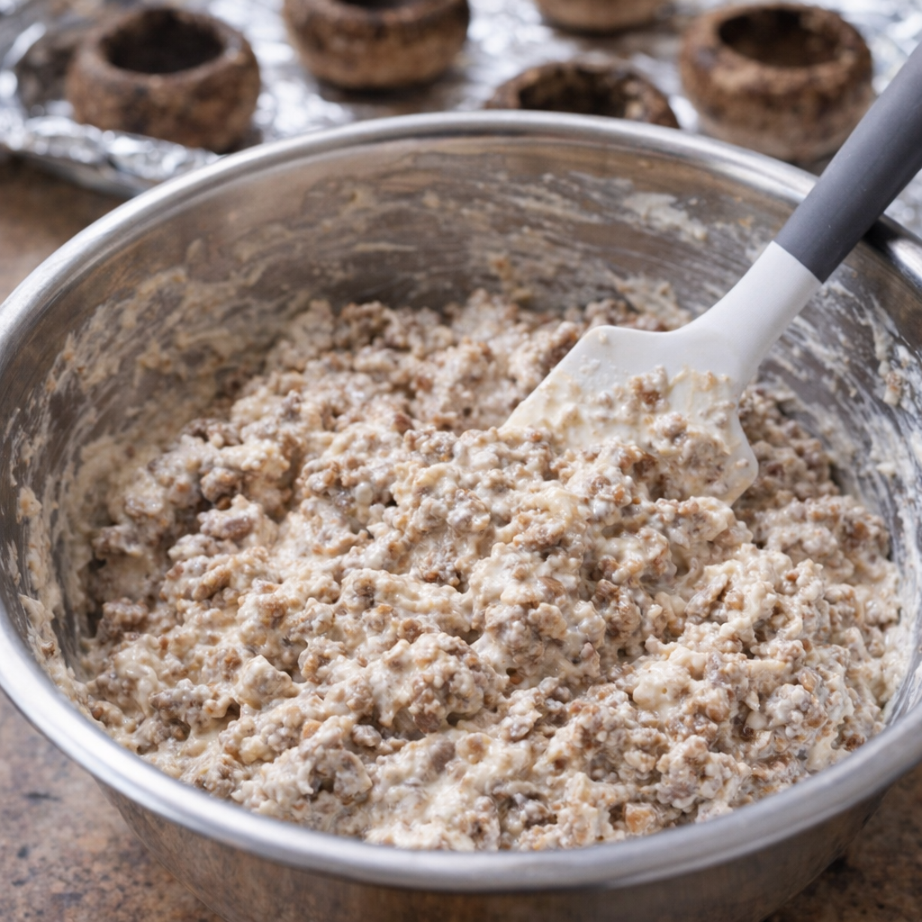 Creamy sausage filling being mixed in a bowl