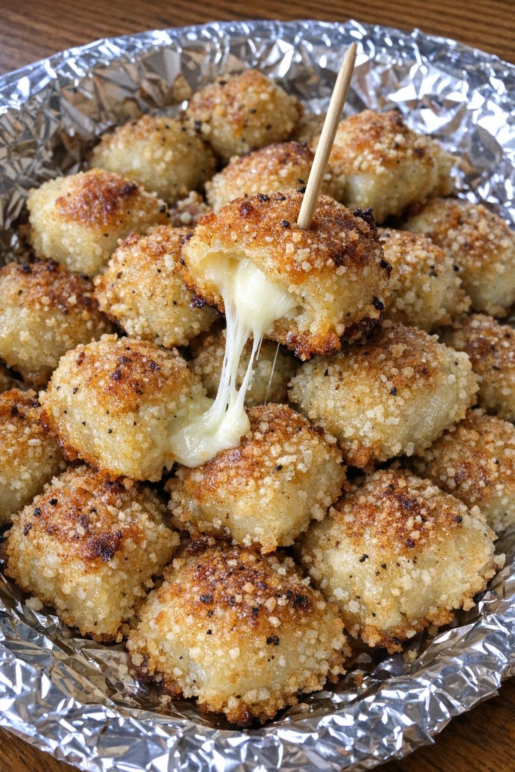 4-ingredient mozzarella fletcher bites on a foil-lined platter