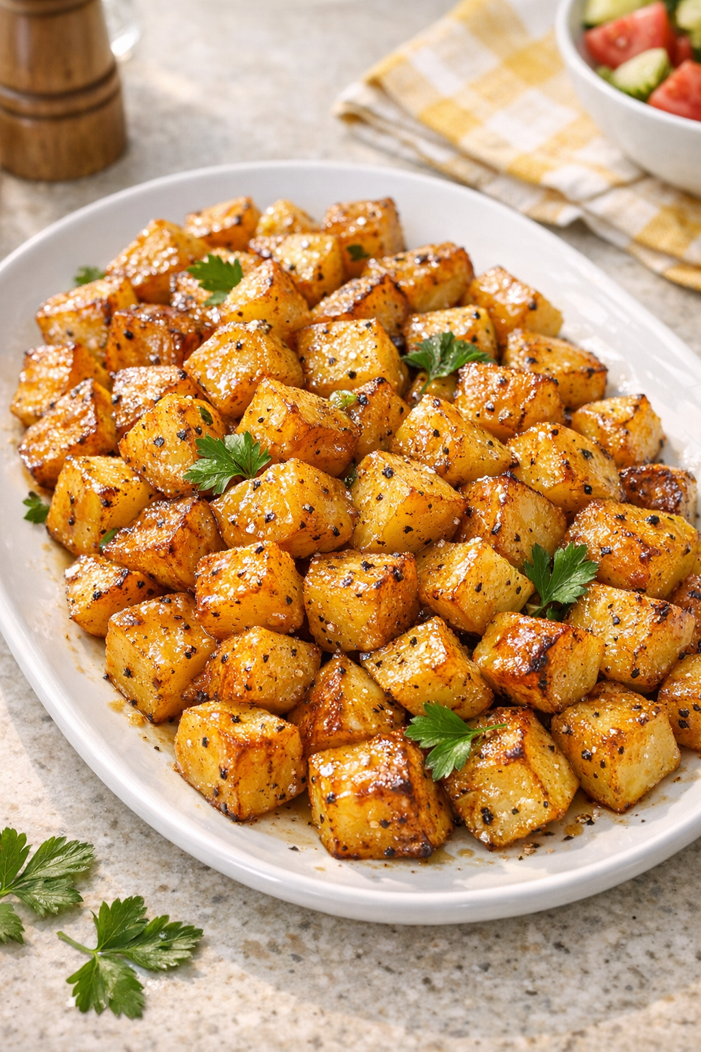 Finished honey mustard fingerling potatoes on a serving platter