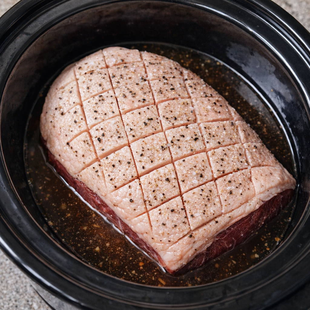 Seasoned picanha placed fat-side up in a slow cooker