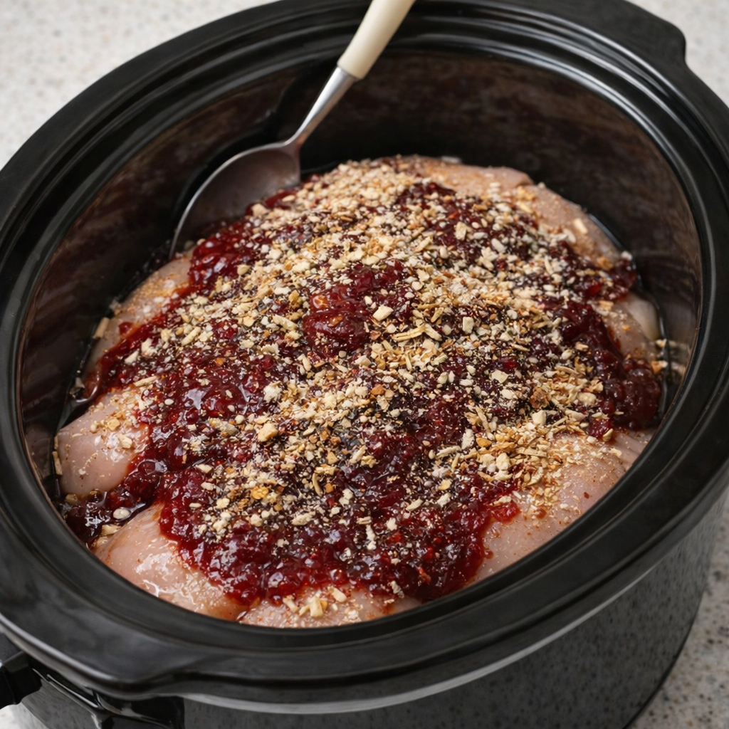 Cranberry sauce and onion soup mix over chicken in slow cooker