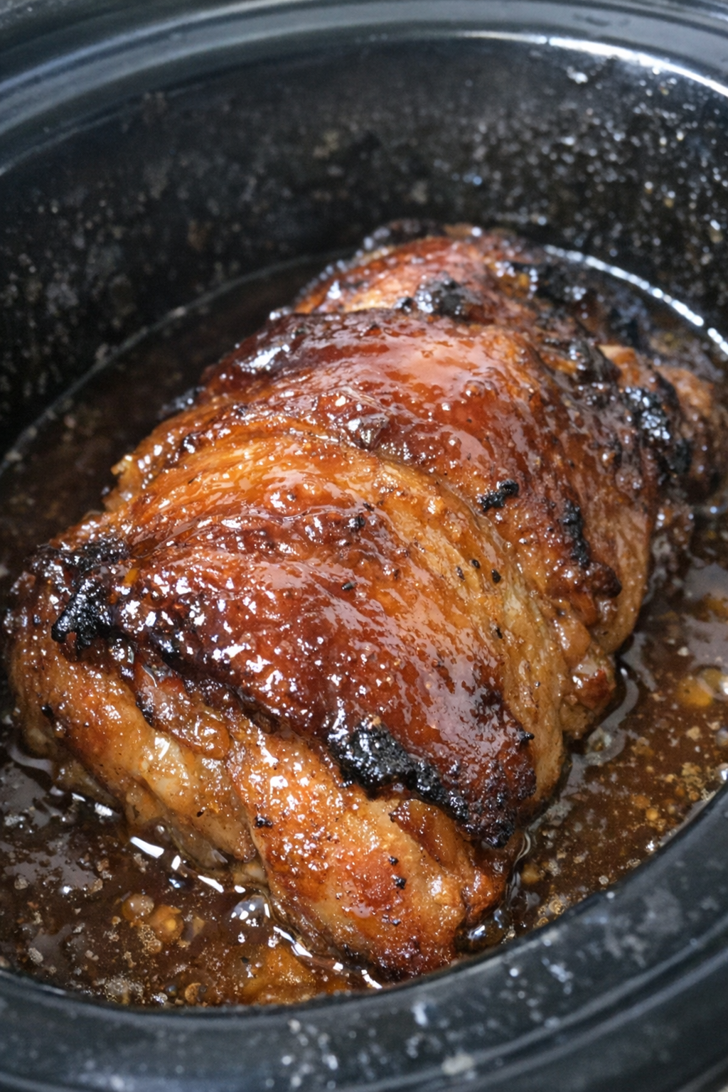 Succulent roasted protein glazed in amber sauce in a slow cooker