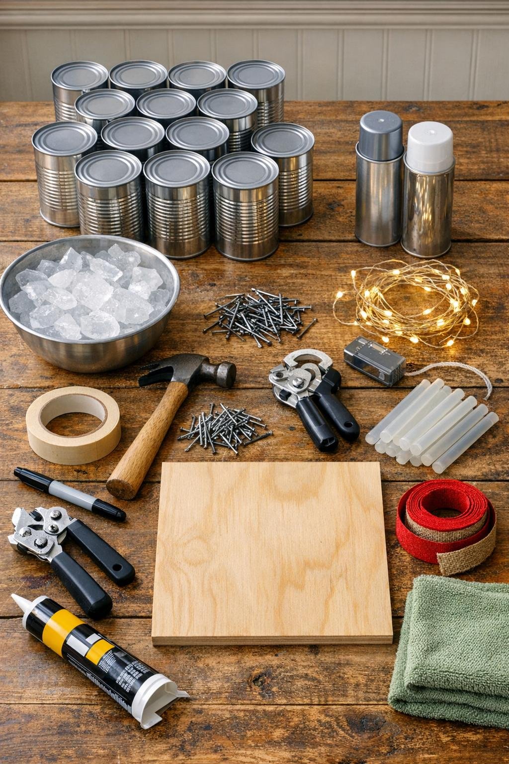 Materials laid out for the punched tin can Christmas tree