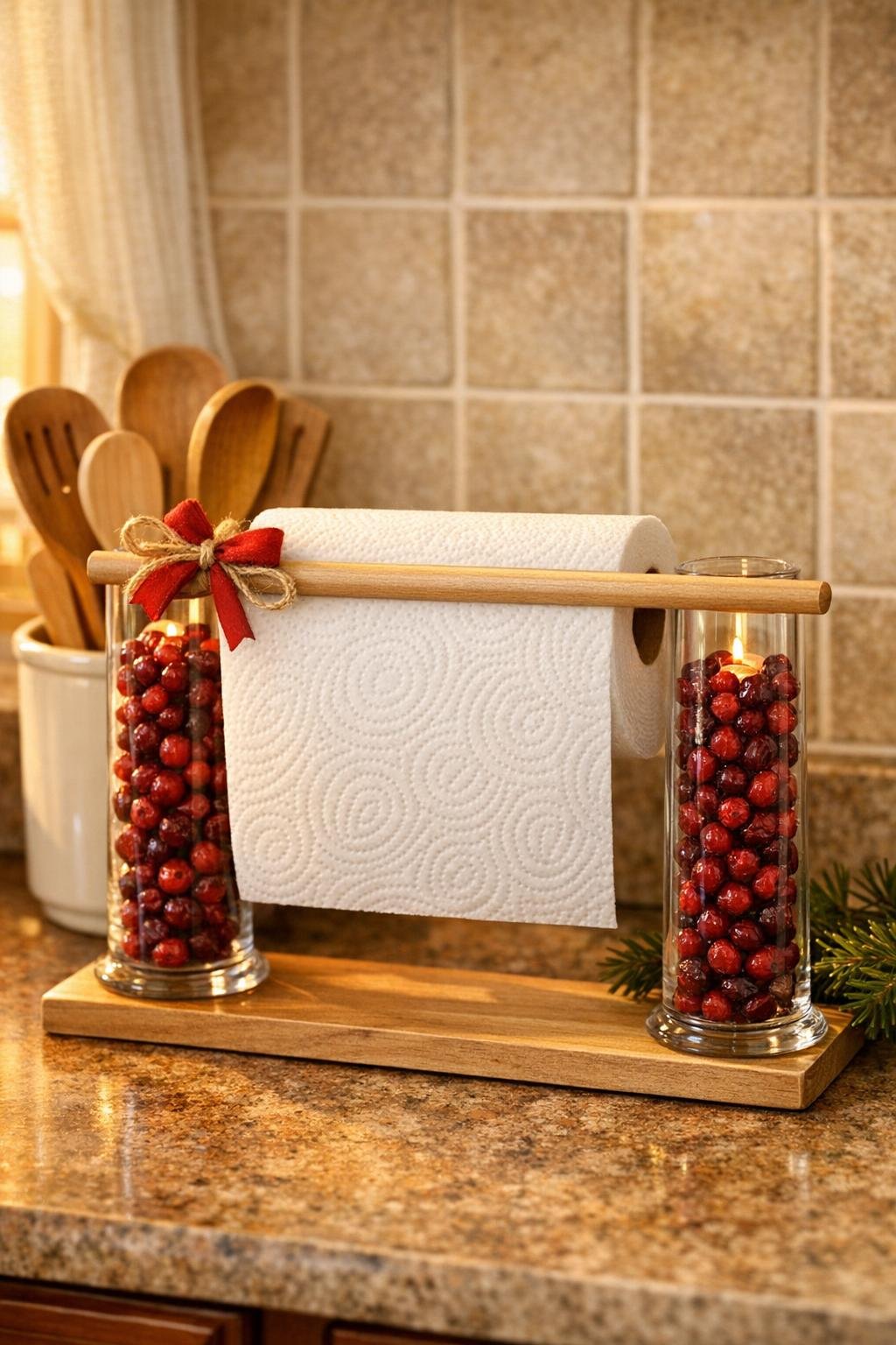 Finished kitchen paper towel holder made from glass candle holders, dried cranberries, and a wooden dowel