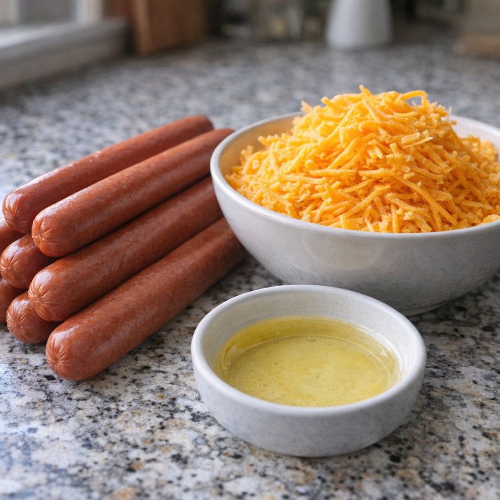Simple ingredients for cheddar hot dog bites on a kitchen counter