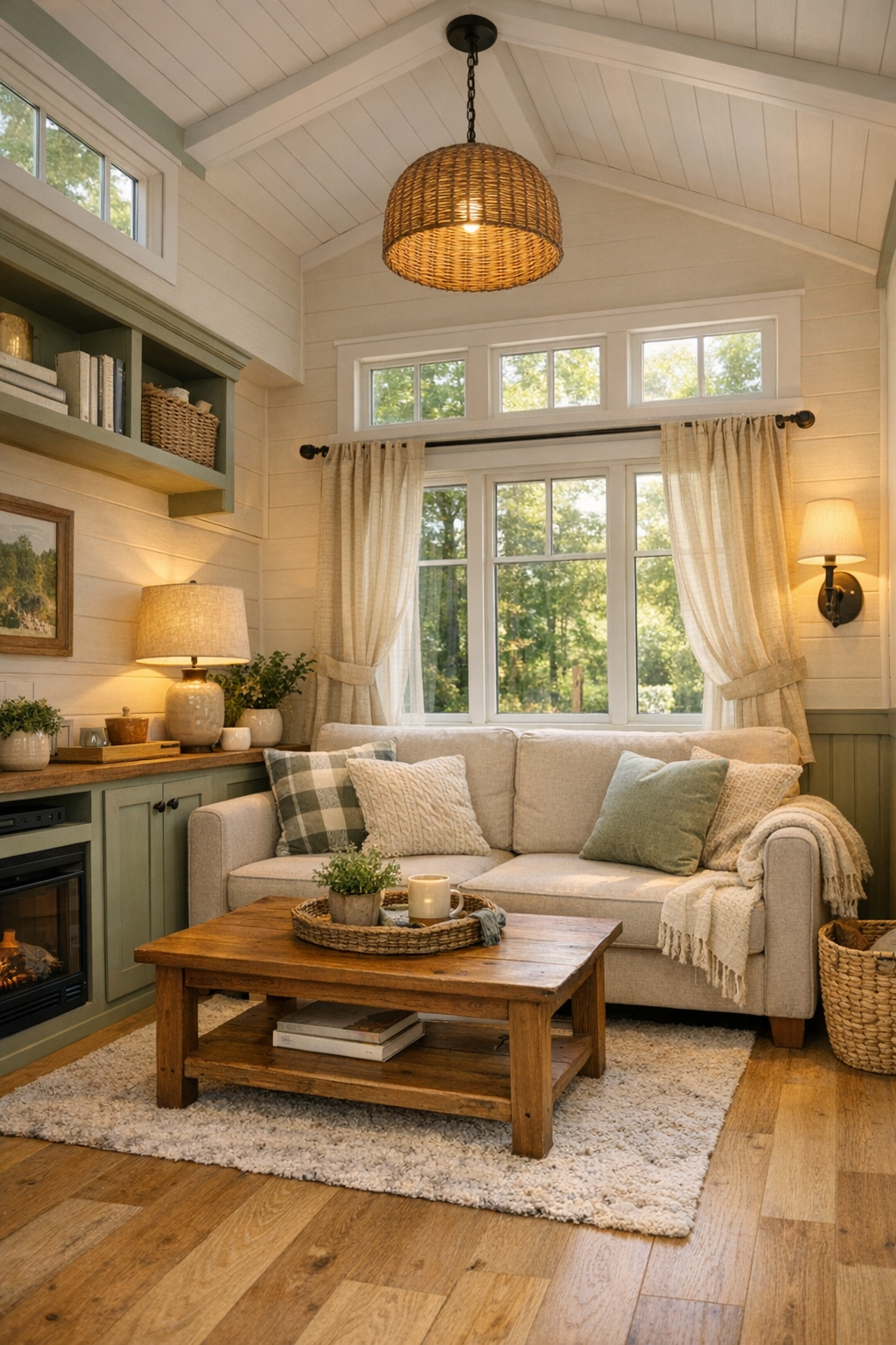 Bright craftsman-style living room with sage accents, built-ins, and warm wood floors