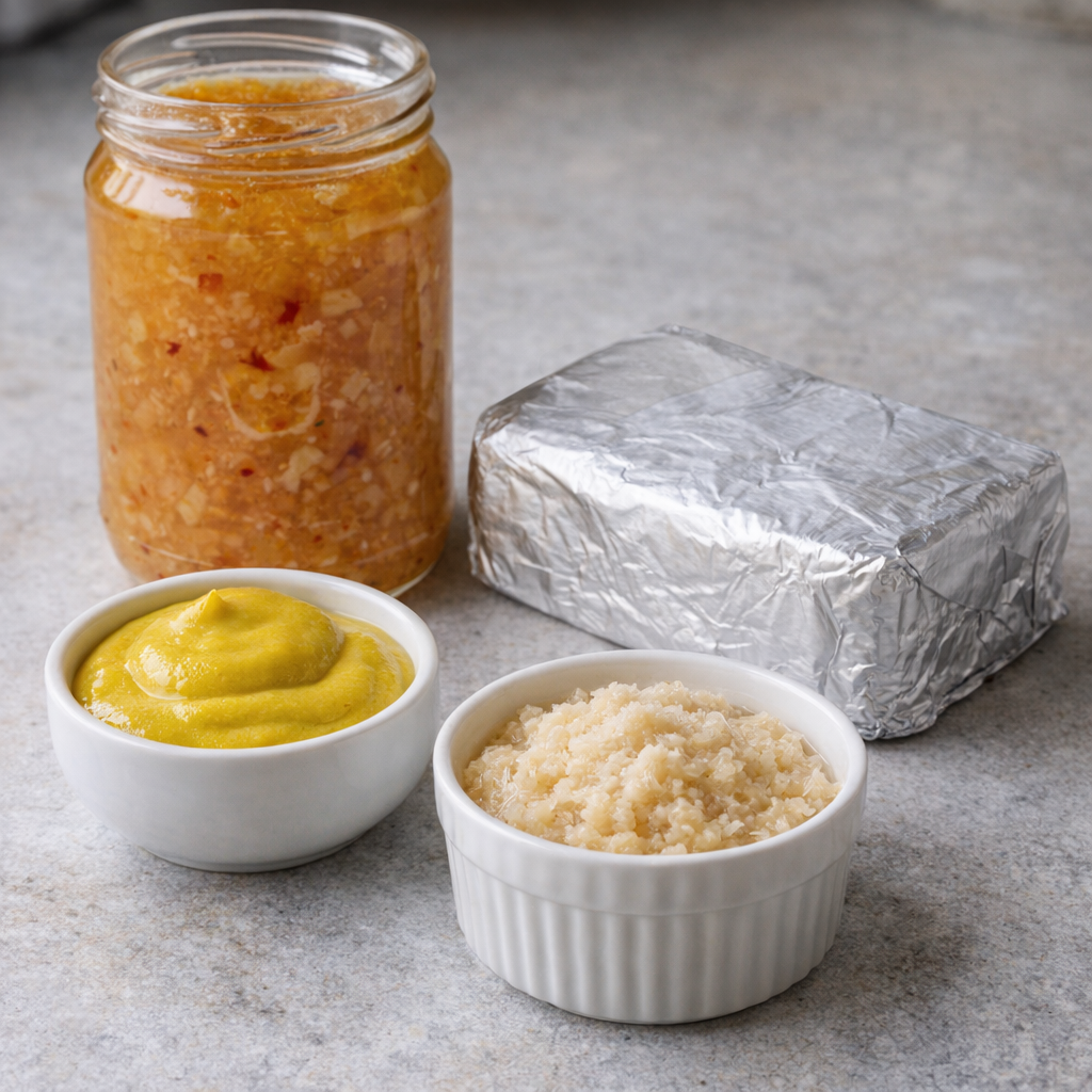 Ingredients for Jezebel spread arranged on a kitchen counter