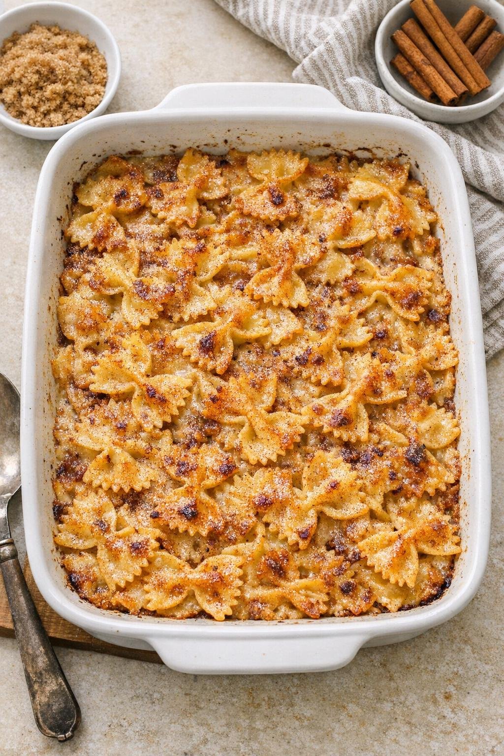 Finished sweet baked bow tie pasta dessert in a baking dish