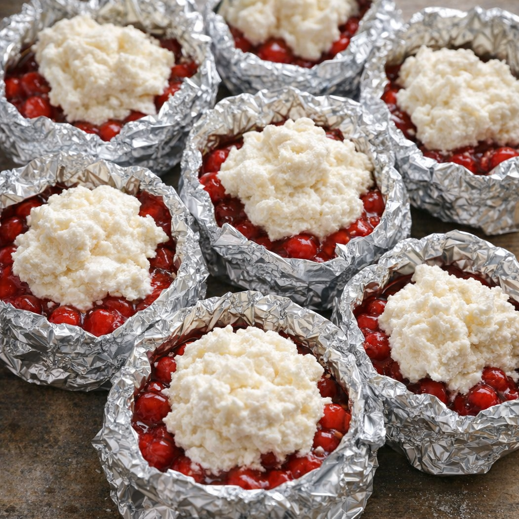 Angel food batter covering cherry filling in foil packets