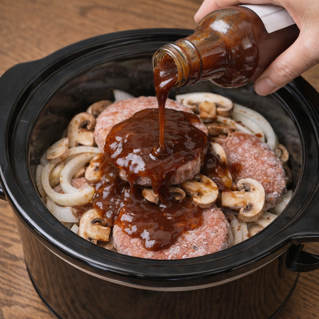 Steak sauce being poured over patties in the slow cooker