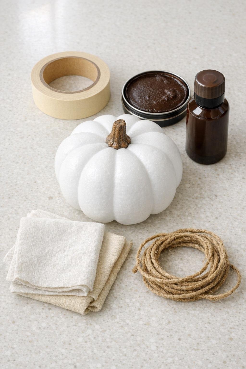 Materials for making a faux leather pumpkin laid out on a counter