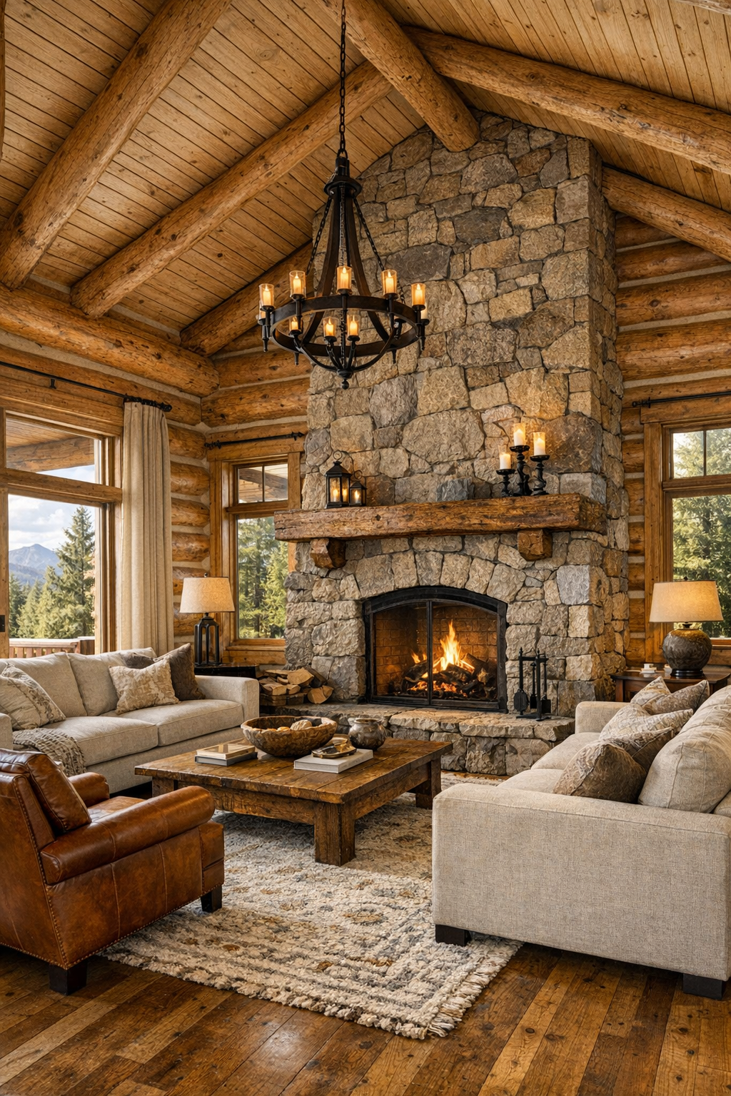 Vaulted log living room with stone fireplace and soft neutral seating
