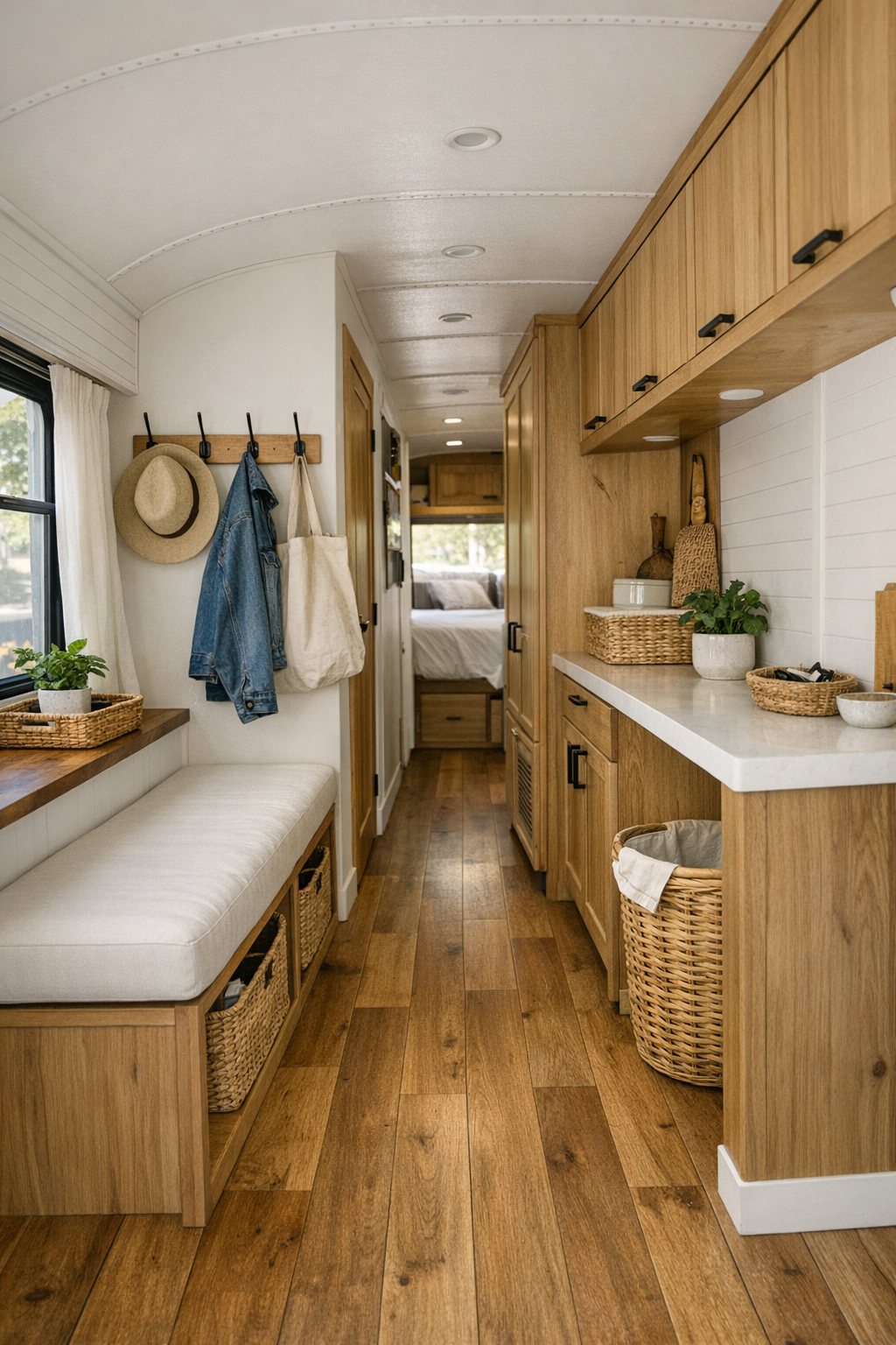 Thoughtful bus utility area with built-in storage and entry drop zone