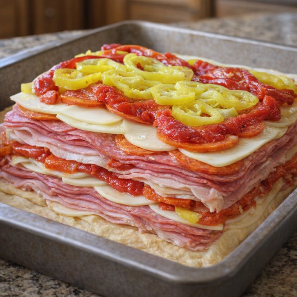 Layered meats, cheese, and peppers in the baking dish