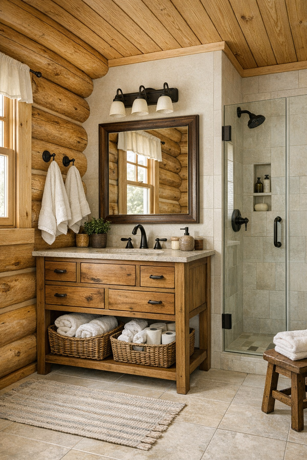 Bright rustic bathroom with wood vanity and simple tile shower