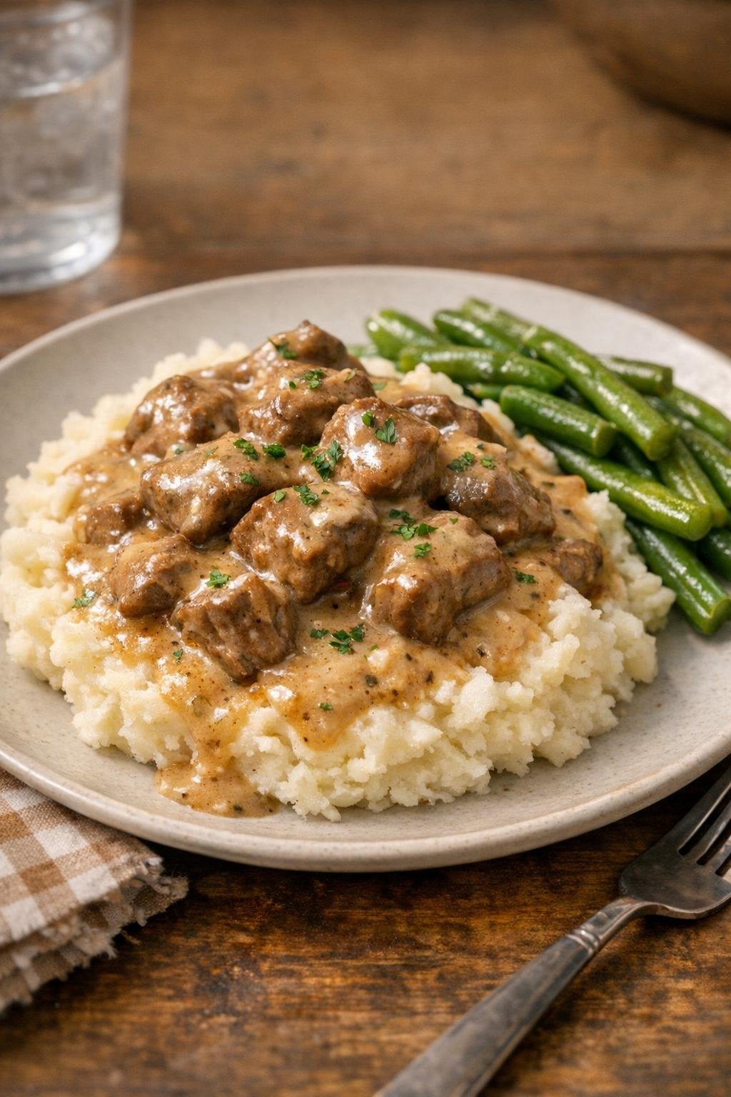 Finished plate of beef tips with cream gravy served over mashed potatoes