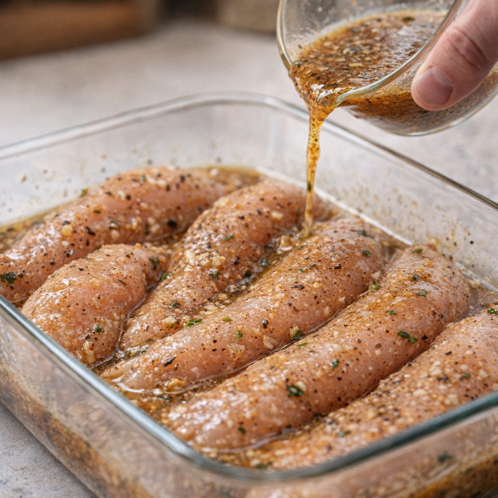 Chicken tenderloins marinating in seasoned dressing