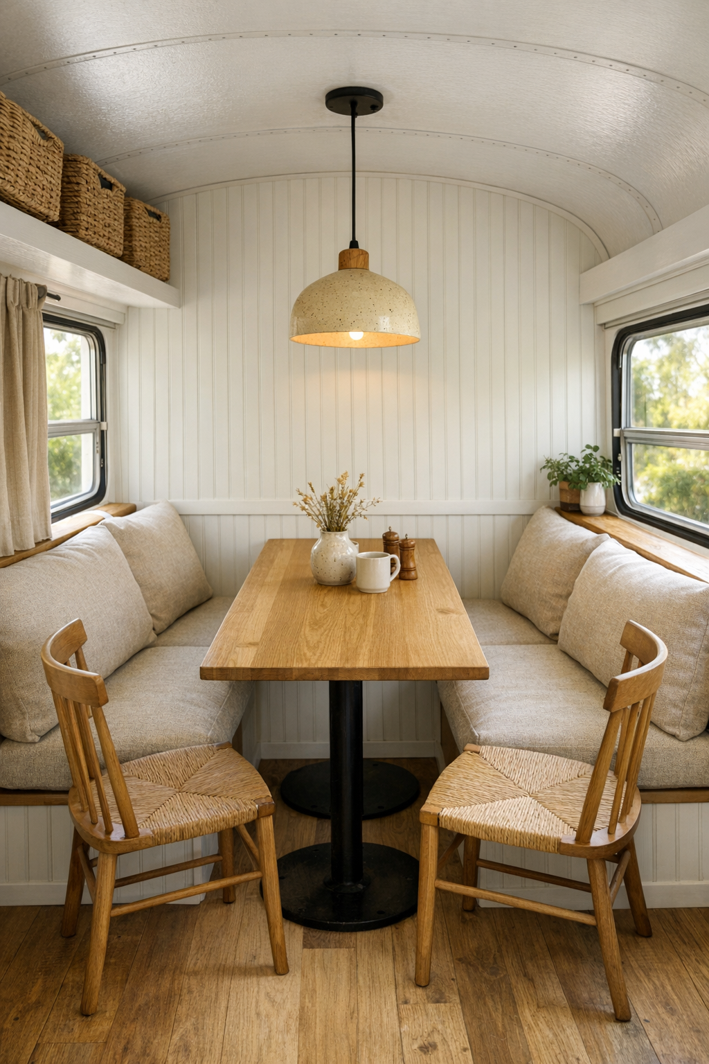 Built-in dining nook inside the bus with banquette seating and oak table