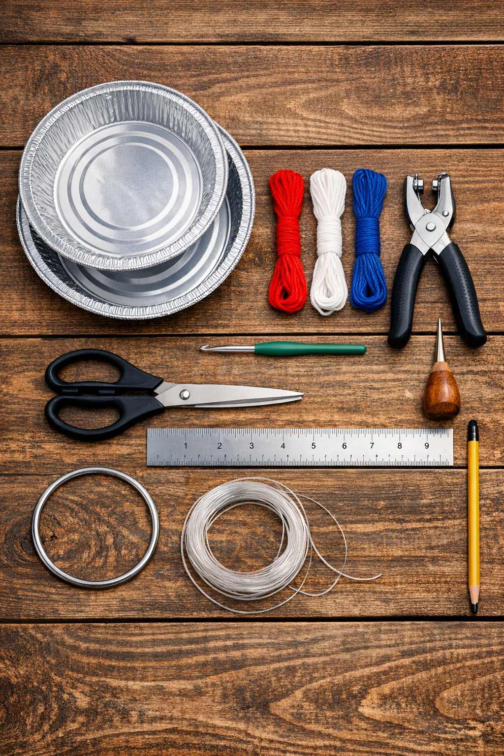 Materials for a patriotic crochet pie tin wind chime laid out together