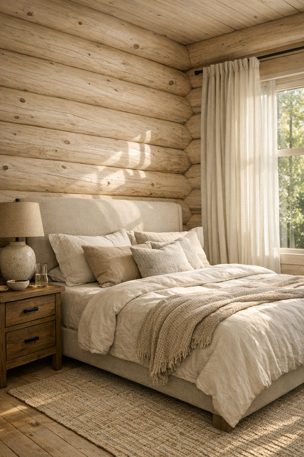 Serene bedroom with pale log walls, upholstered bed, layered neutral bedding, and soft drapery