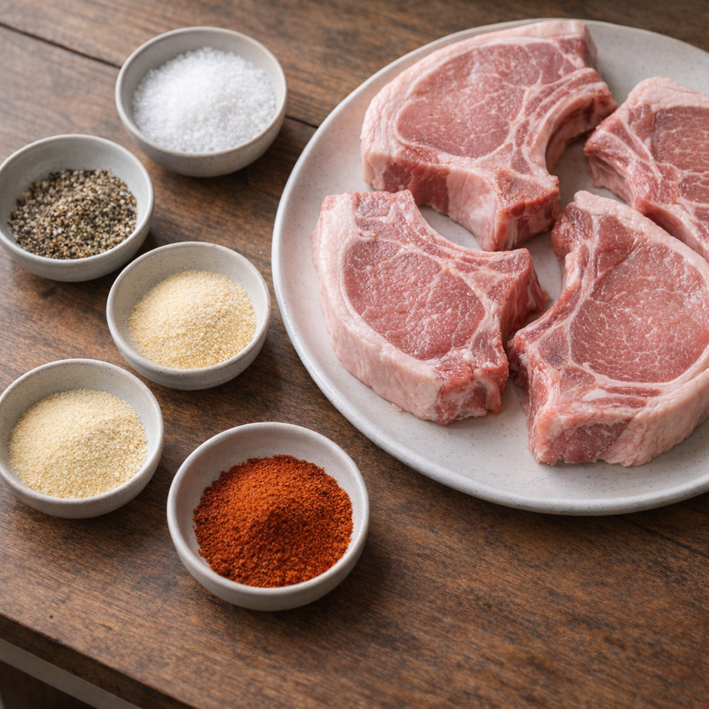 Small bowls of pantry seasonings beside pork chops