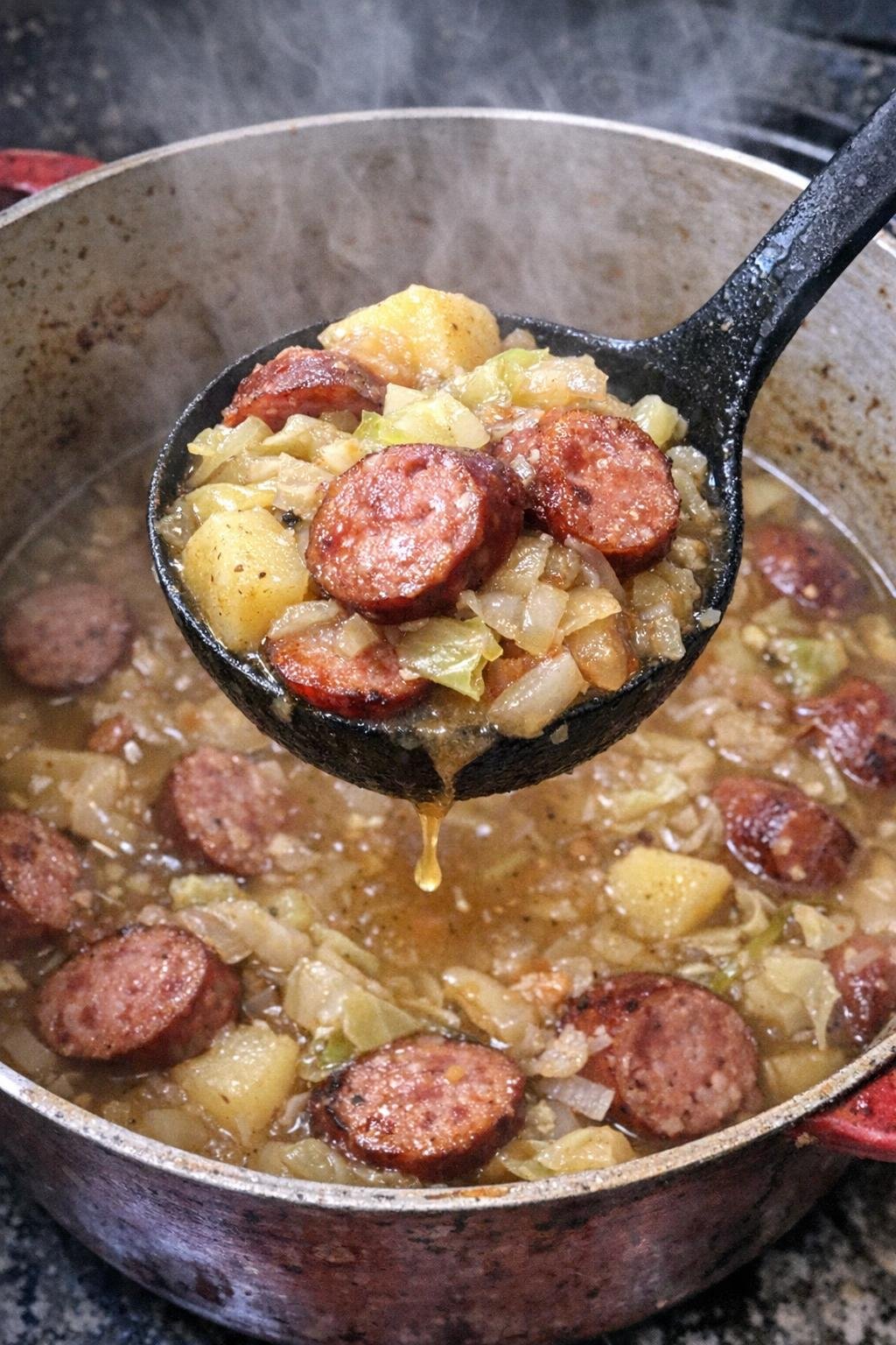 Smoked sausage stew in a big pot with a ladle lifting chunky ingredients