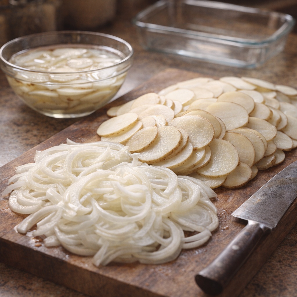 Sliced potatoes and onions ready for layering