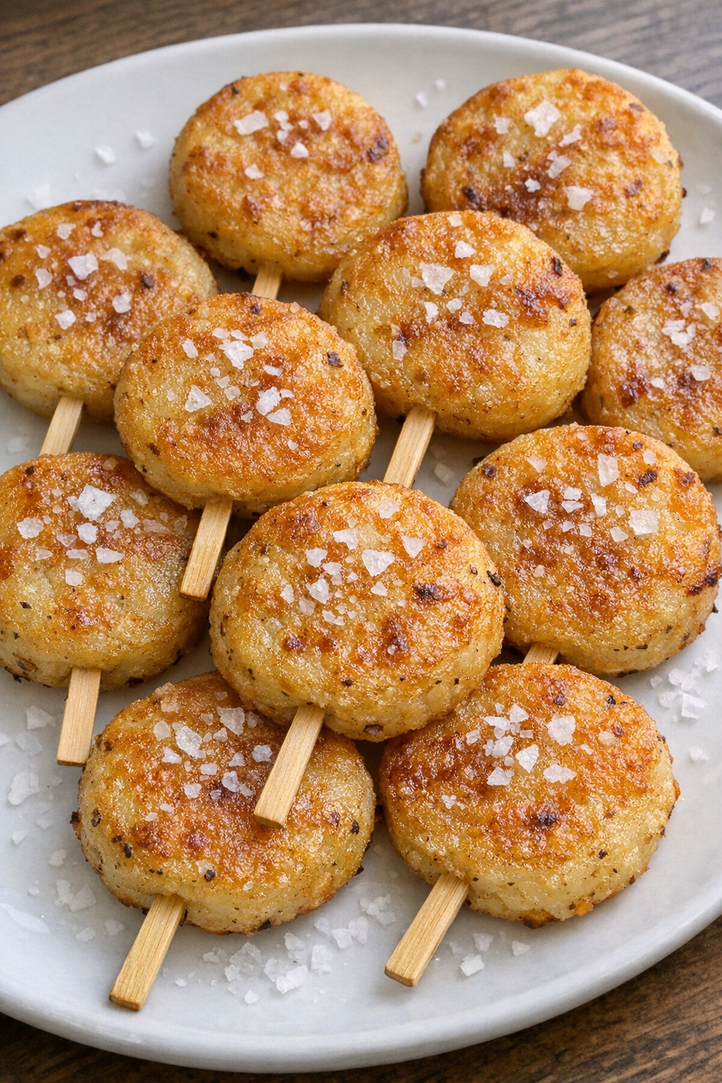 Crispy golden potato lollipops on wooden sticks on a white platter