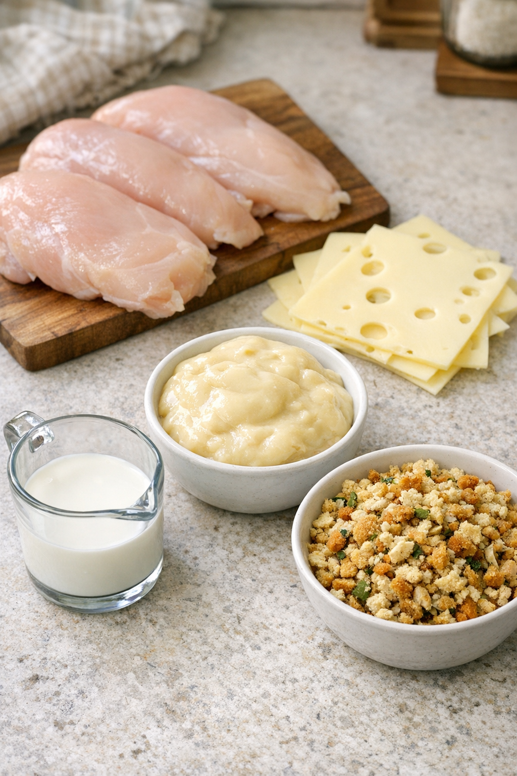 Chicken, Swiss cheese, soup, milk, and stuffing ingredients on a counter
