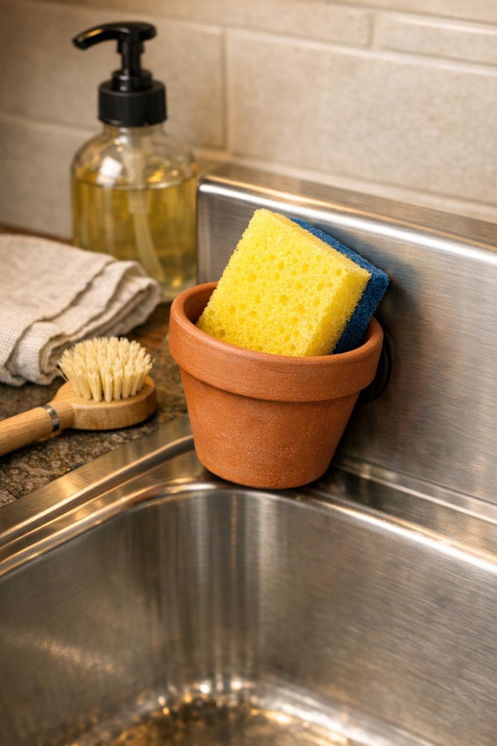 Finished magnetic terra cotta pot sponge holder attached to the side of a kitchen sink