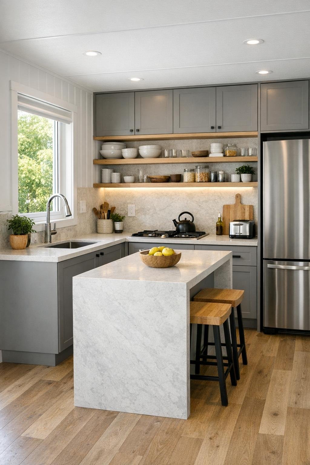 Compact modern kitchen with mushroom-gray cabinets and pale stone surfaces