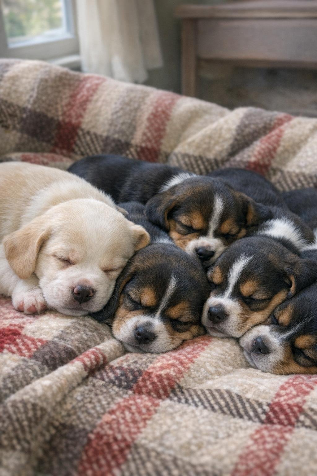 A pale lemon and white Beagle puppy sleeping beside five tricolor littermates on a plaid blanket