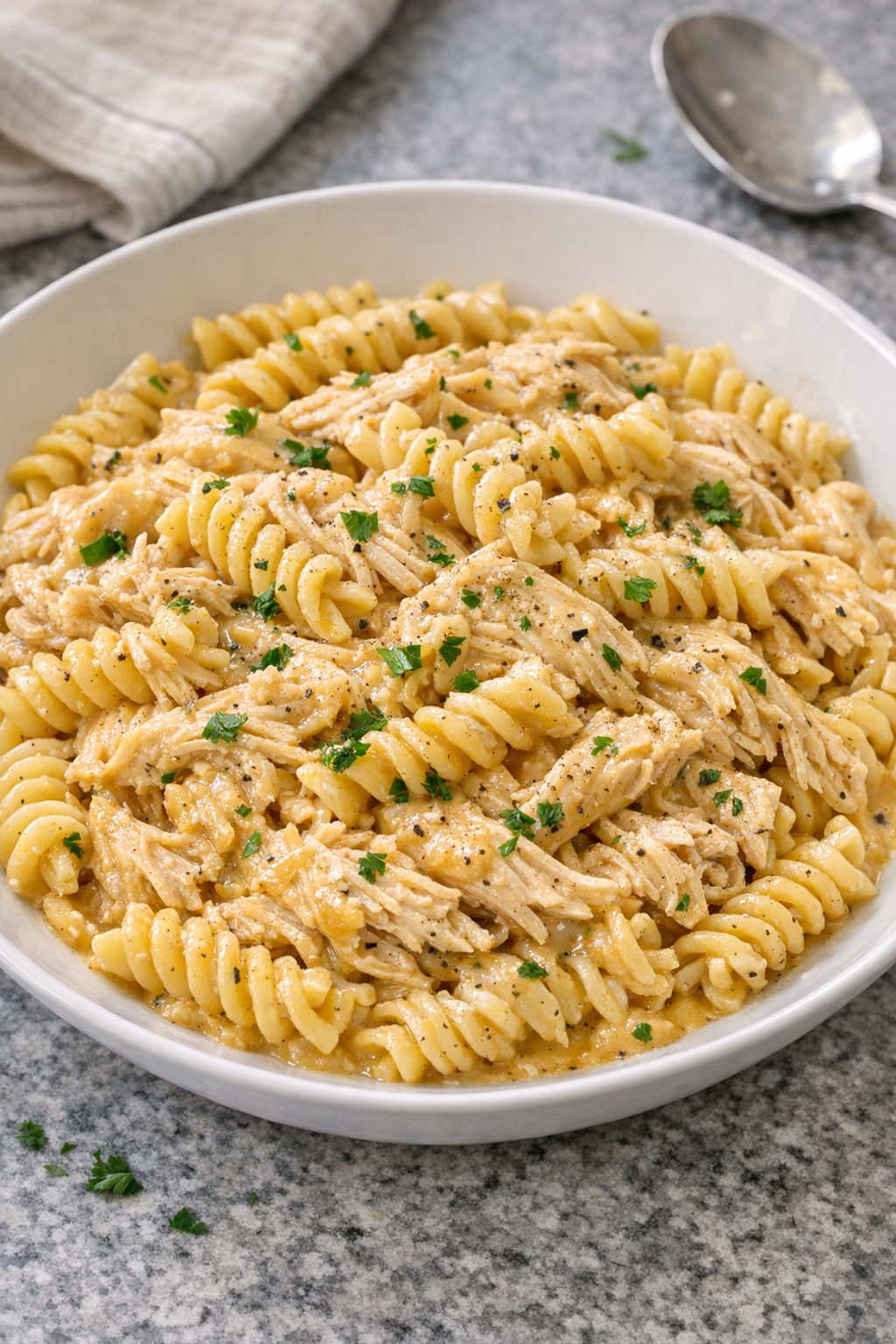 Finished Amish butter chicken pasta plated in a bowl