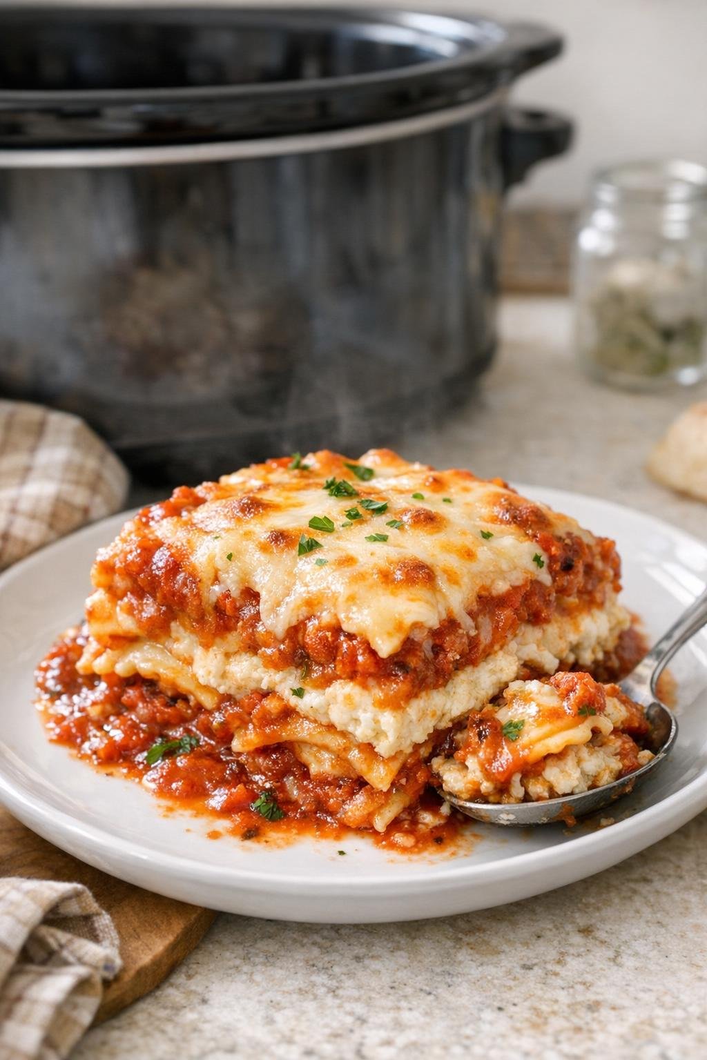 Finished cheesy ravioli lasagna plated for serving