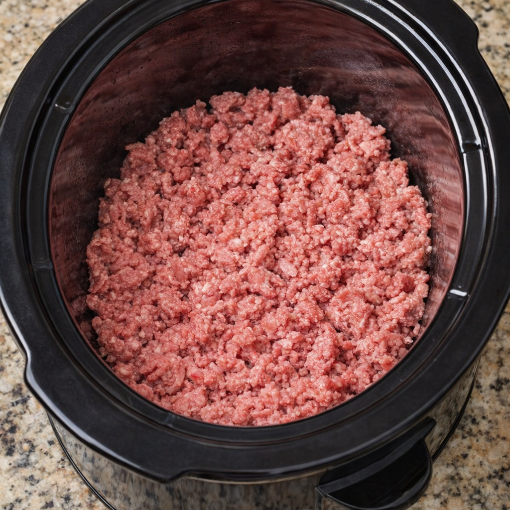 Raw ground beef spread in the bottom of a slow cooker
