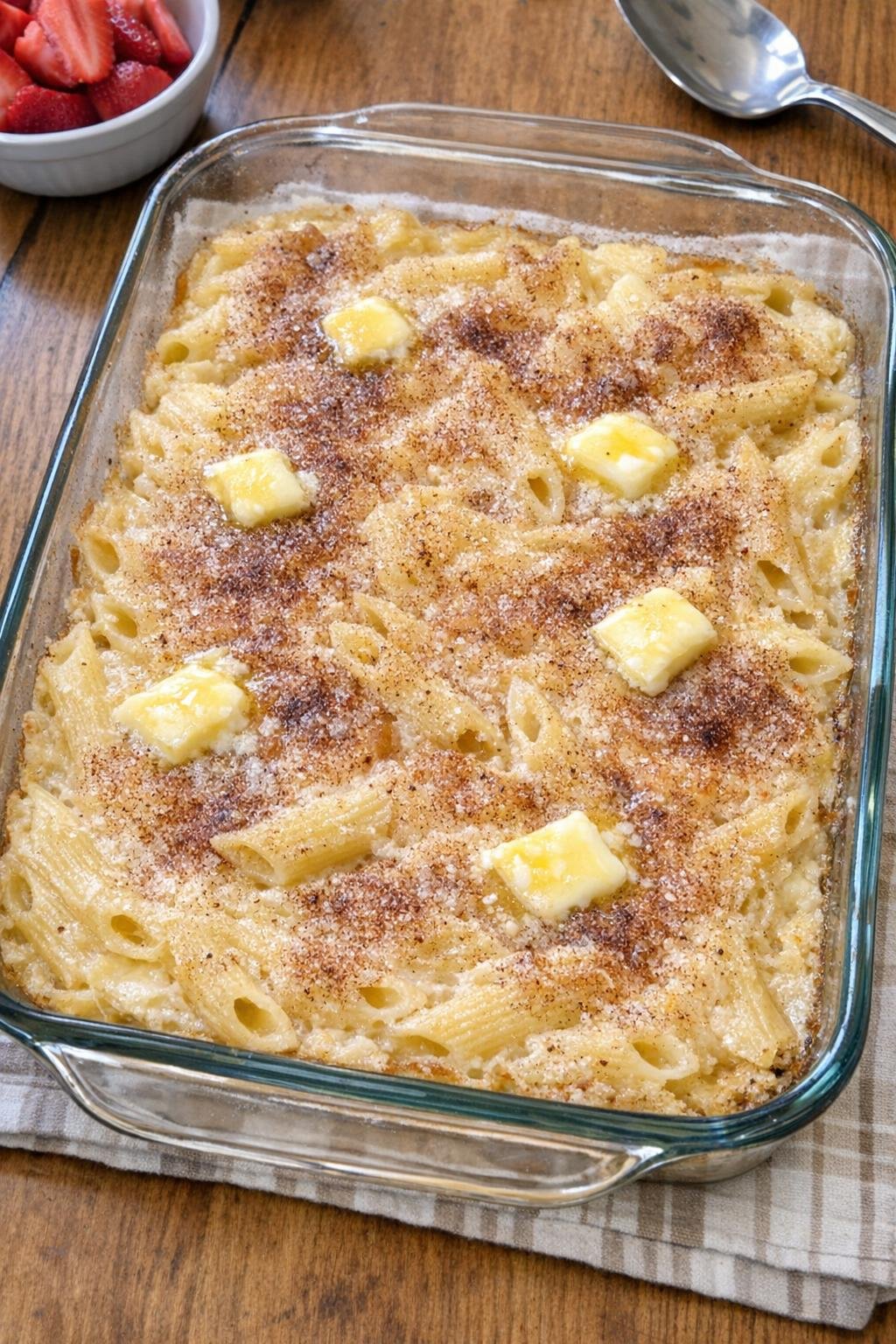 Finished baked penne dessert in a glass baking dish