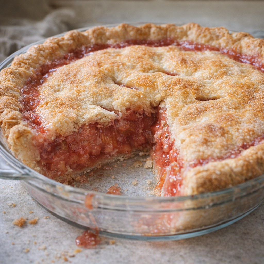 Cut slice of rhubarb pie showing rosy filling