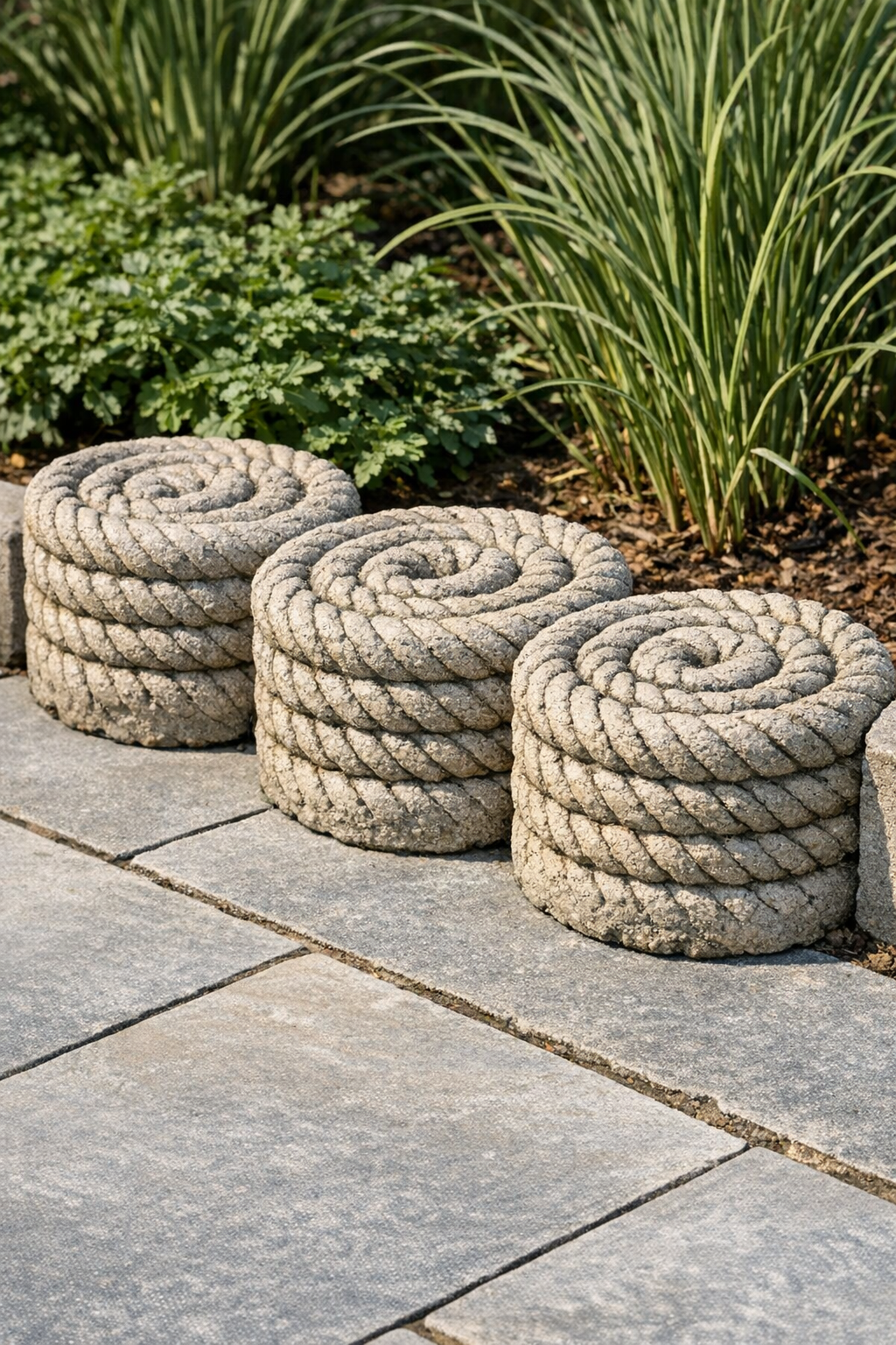 Finished heavy coiled patio borders made from cement-soaked manila rope