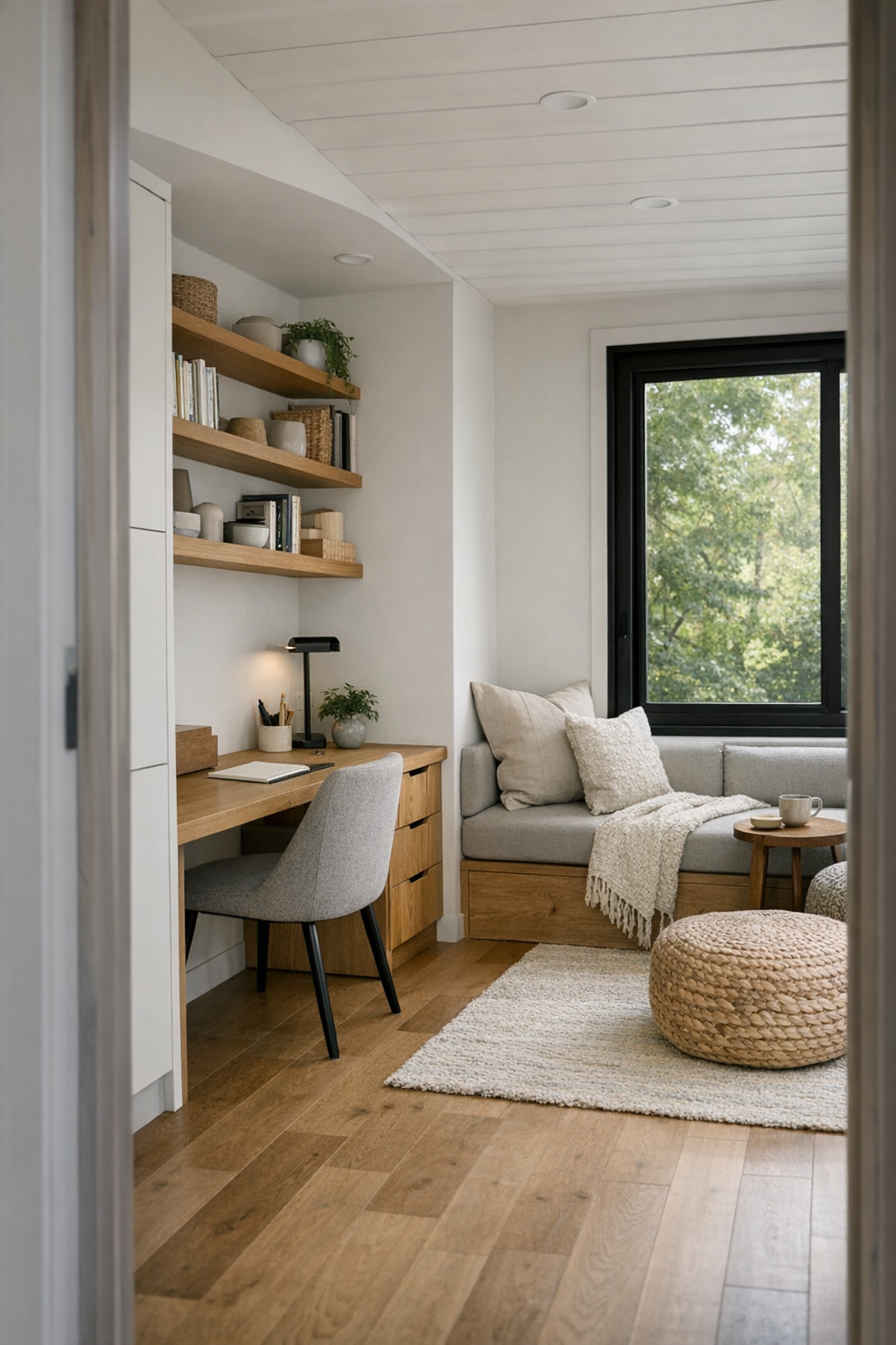 Bright secondary space with a built-in oak desk, reading chair by the window, and streamlined storage