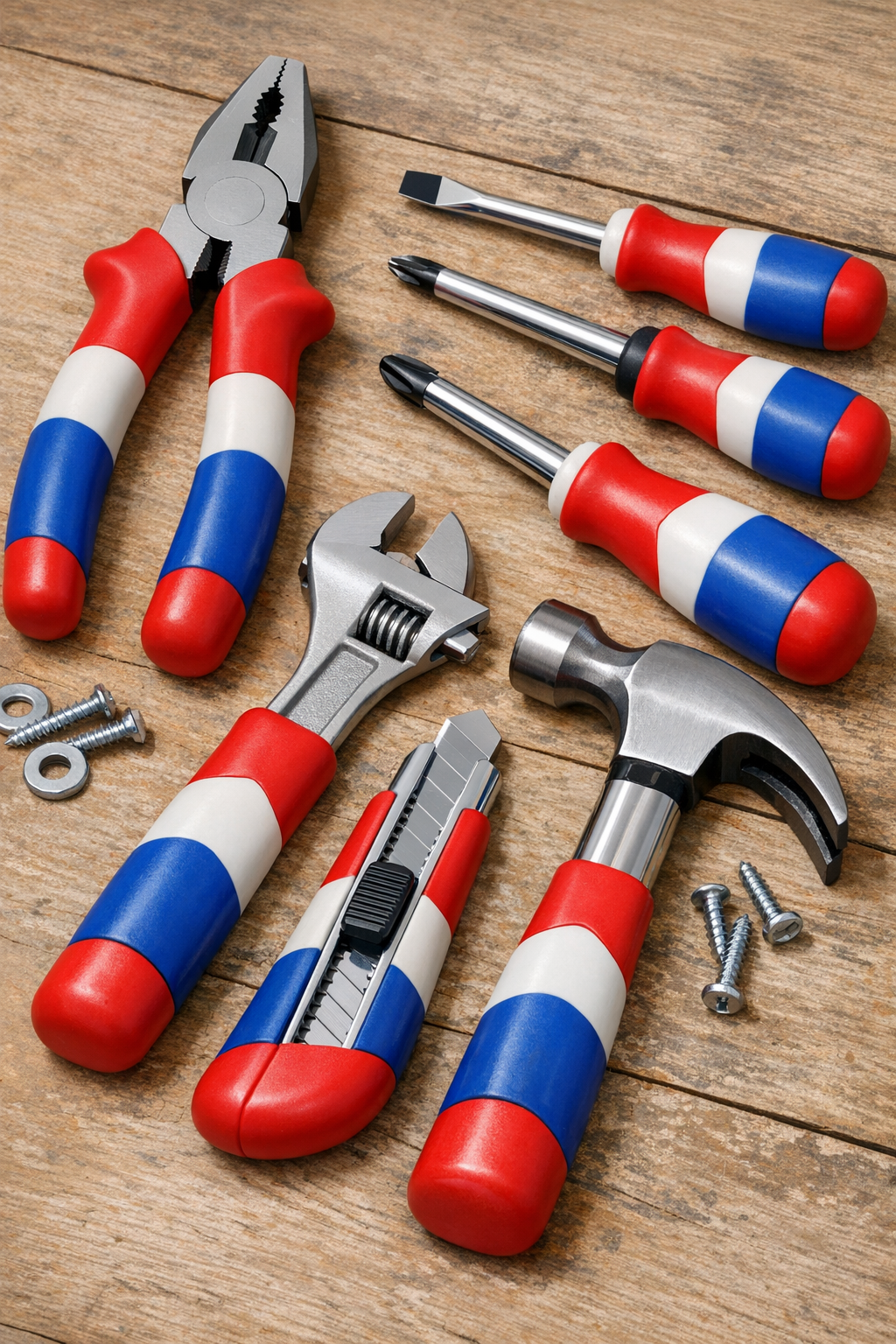 Finished hand tools with custom red, white, and blue shatterproof rubber grips