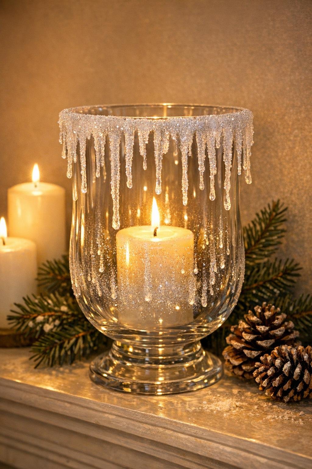 Finished glittered icicle hurricane luminary glowing on a winter mantel