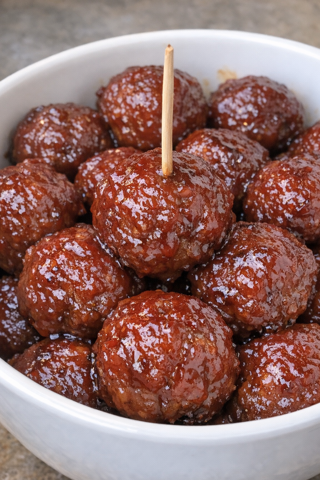 Oven baked 3-ingredient beef cocktail meatballs in a white bowl