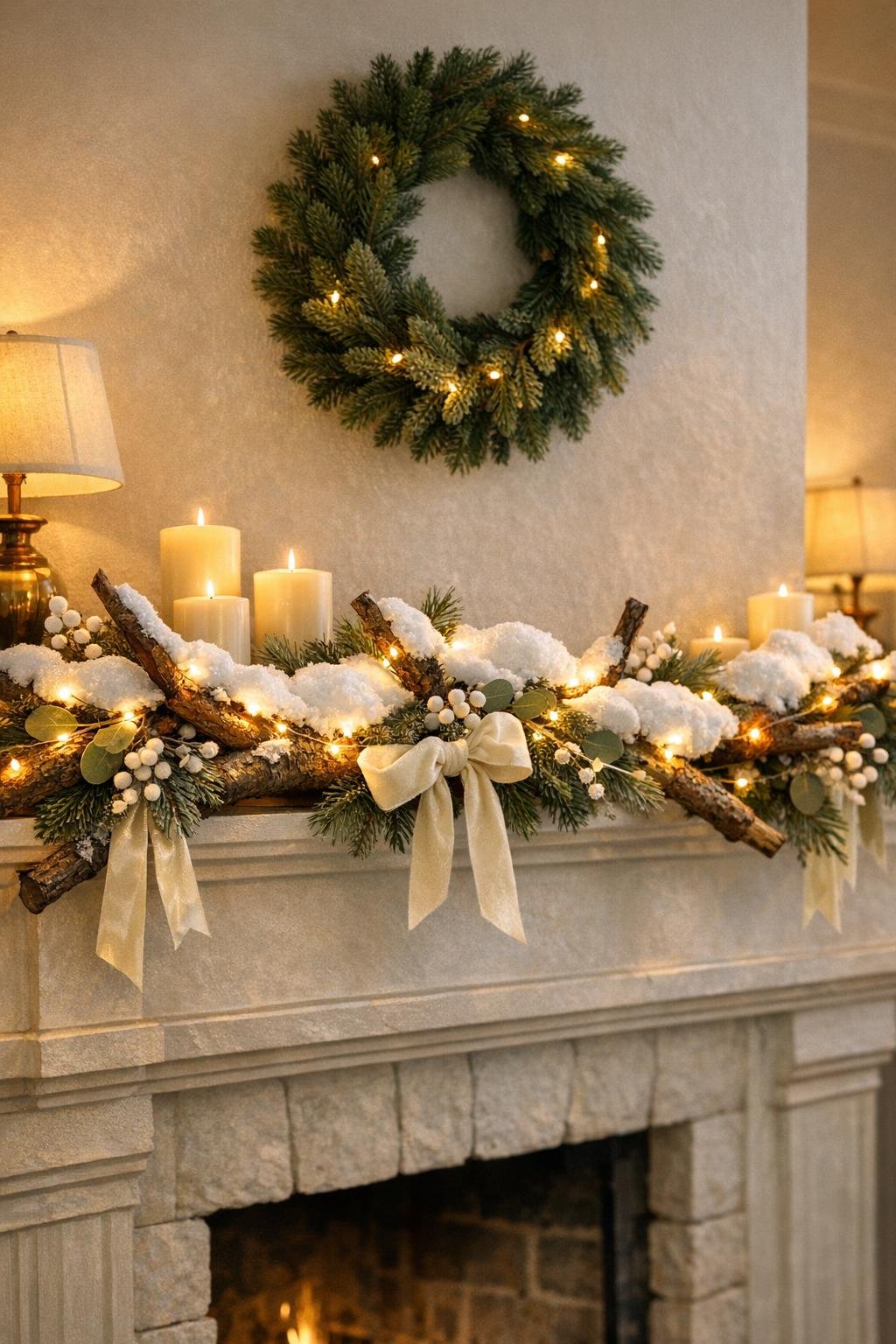 Finished snow-laden branch mantel garland displayed on a mantel
