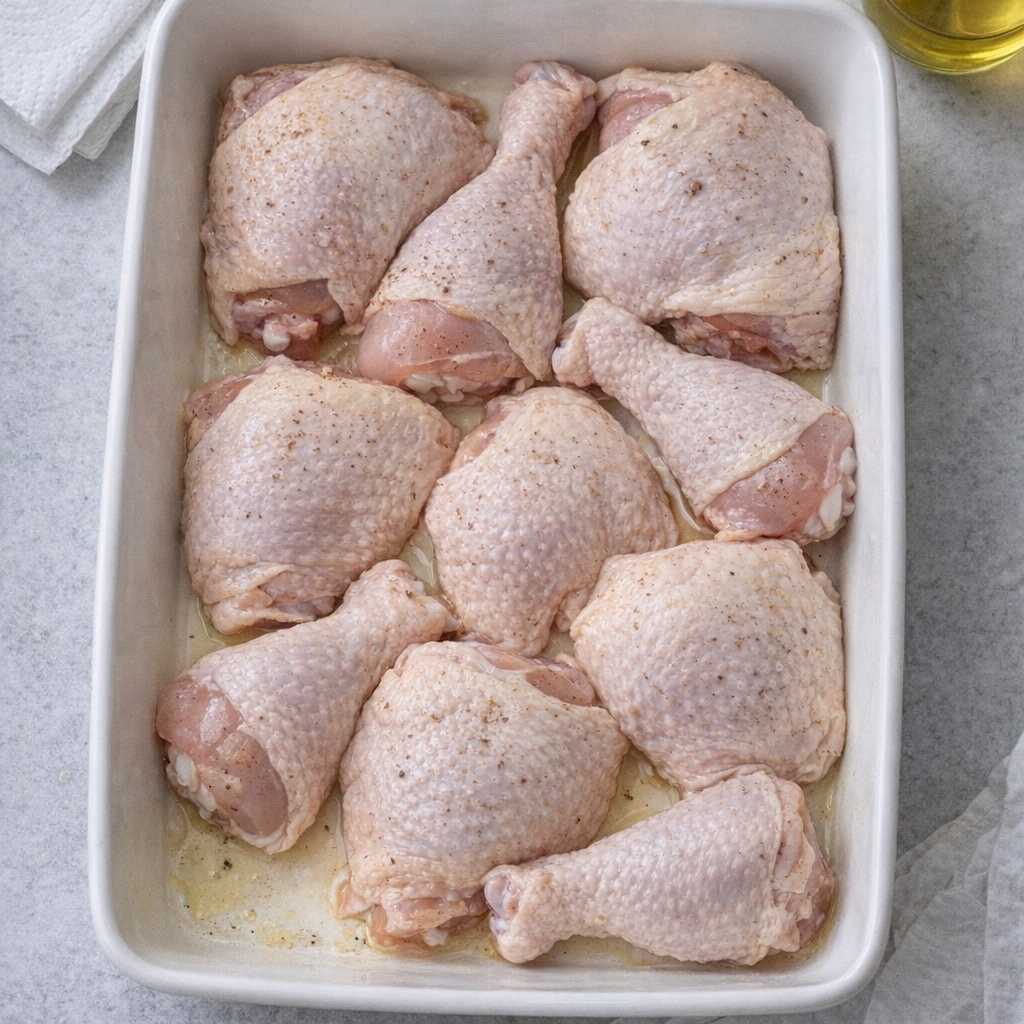 Raw chicken arranged in a casserole dish