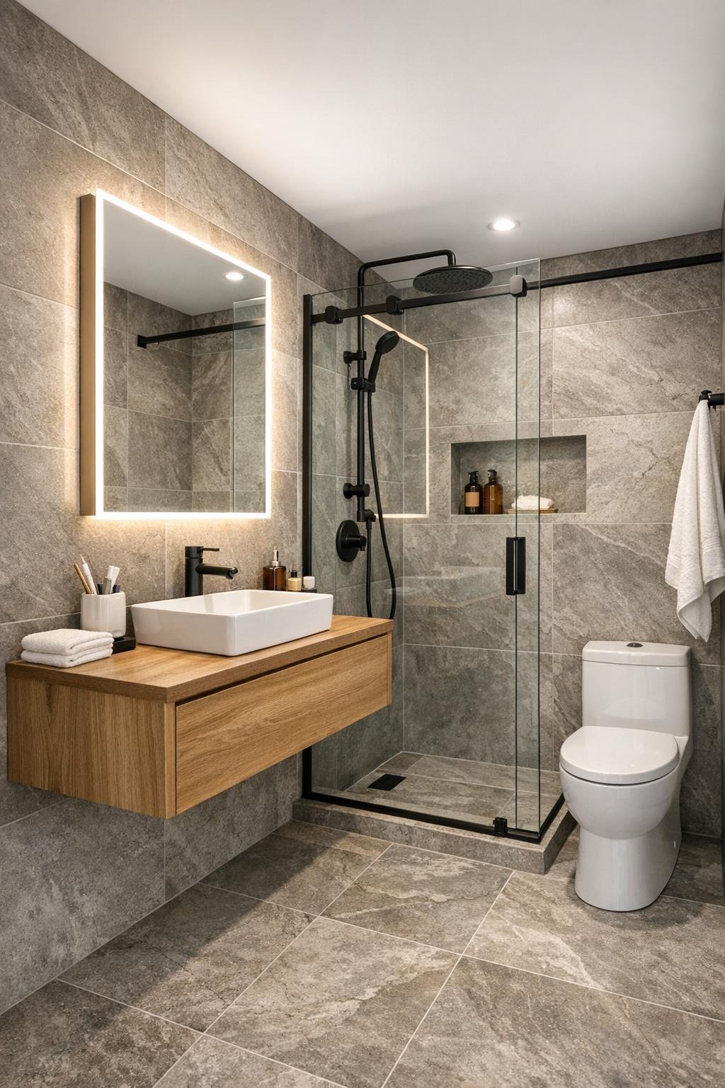 Modern compact bathroom with stone-look tile, a floating wood vanity, and a glass shower