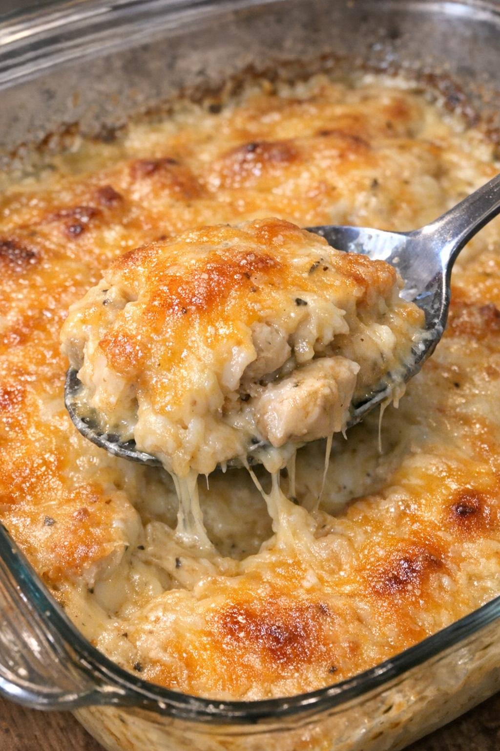 Cheesy chicken bake in a glass casserole dish