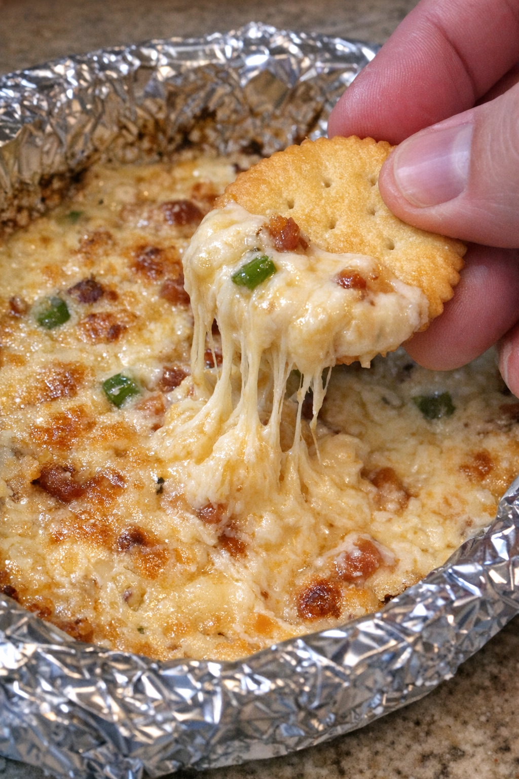 Cheese Winston dip in a foil-lined platter