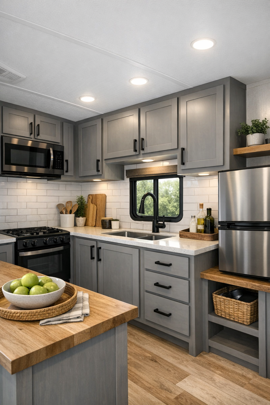Modern compact kitchen with gray cabinetry, light quartz counters, and black hardware
