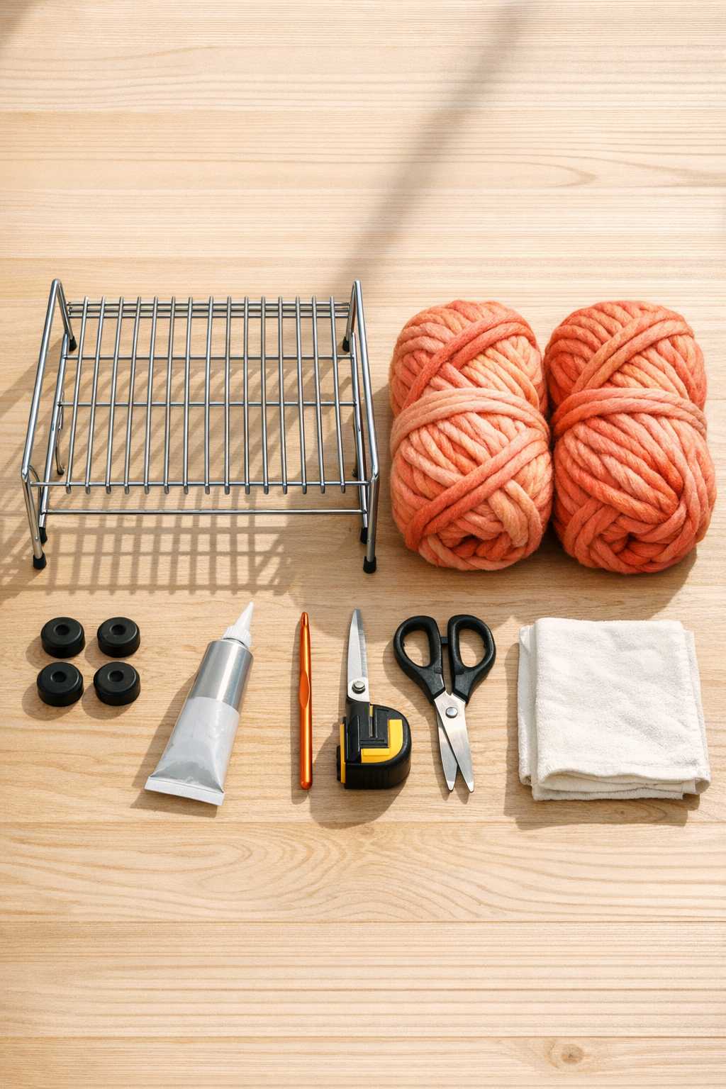Materials for a crocheted dish rack magazine holder